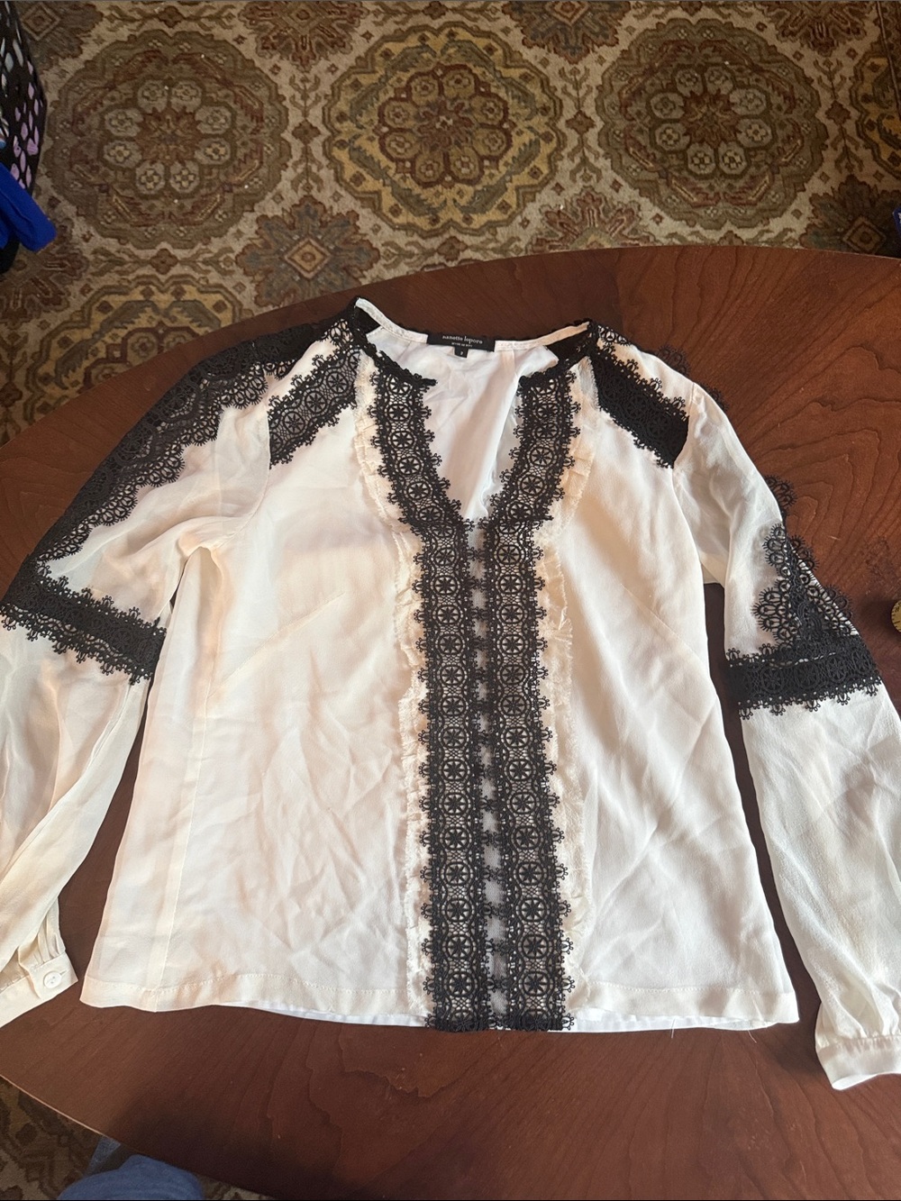 Nanette Lepore  “Henrietta “White Blouse with Black Lace Accents